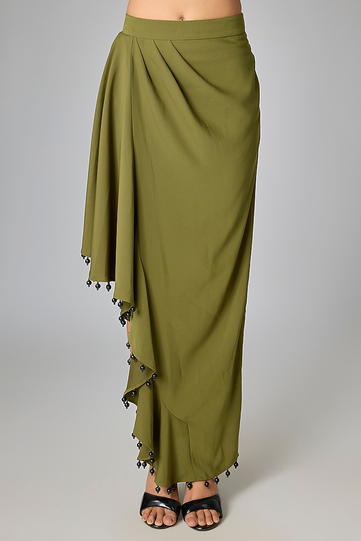 Olive Micropoly Asymmetric Midi Skirt by 431-88 By Shweta Kapur at Pernia's Pop Up Shop