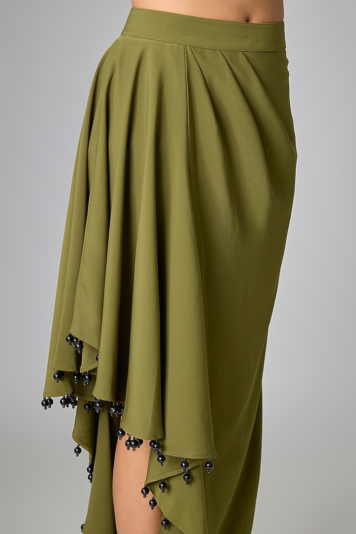 Olive Micropoly Asymmetric Midi Skirt by 431-88 By Shweta Kapur at Pernia's Pop Up Shop
