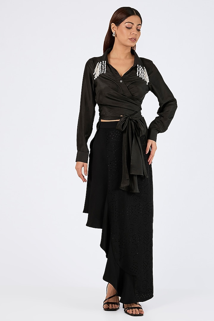 Black Micropoly Cutwork Midi Skirt by 431-88 By Shweta Kapur at Pernia's Pop Up Shop