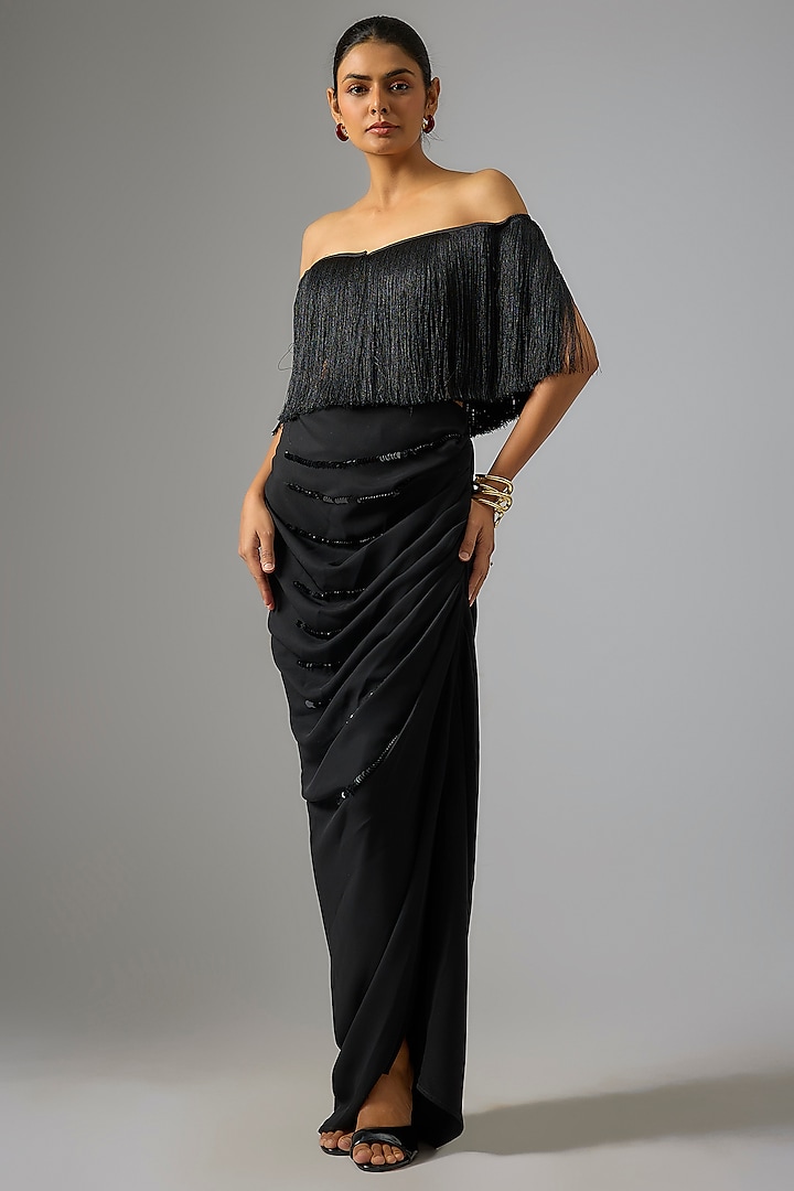 Black Japanese Crepe Draped Skirt by 431-88 By Shweta Kapur at Pernia's Pop Up Shop
