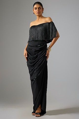 Black Japanese Crepe Draped Skirt by 431-88 By Shweta Kapur