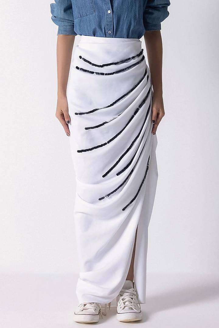 White Blended Crepe Draped Skirt by 431-88 By Shweta Kapur at Pernia's Pop Up Shop