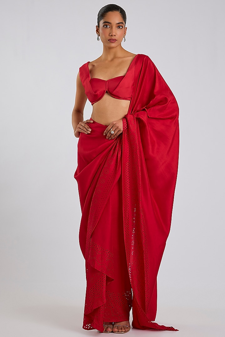 Red Silk Pre-Draped Wedding Saree by 431-88 By Shweta Kapur at Pernia's Pop Up Shop