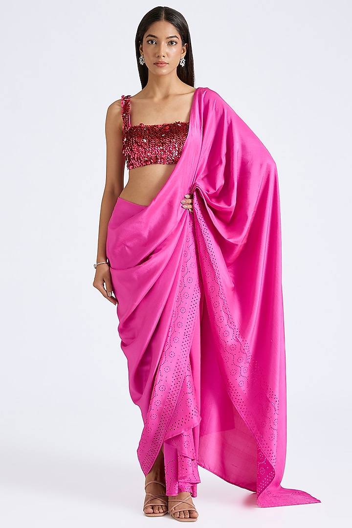 Fuchsia Silk Pre-Draped Wedding Saree by 431-88 By Shweta Kapur at Pernia's Pop Up Shop
