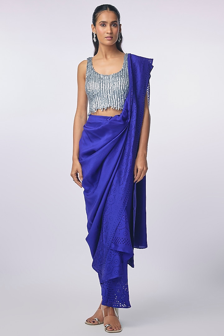 Electric Blue Silk Cutwork Godet Pre-Draped Wedding Saree by 431-88 By Shweta Kapur at Pernia's Pop Up Shop