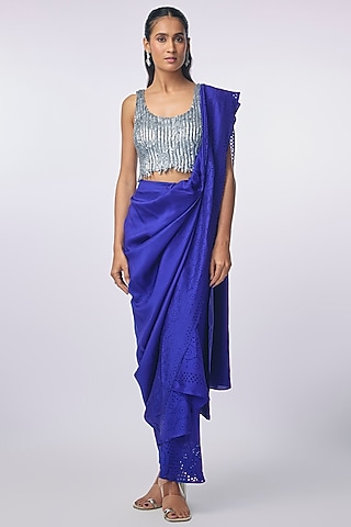 Electric Blue Silk Cutwork Godet Pre-Draped Saree by 431-88 By Shweta Kapur