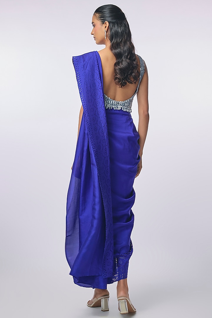 Electric Blue Silk Cutwork Godet Pre-Draped Wedding Saree by 431-88 By Shweta Kapur at Pernia's Pop Up Shop