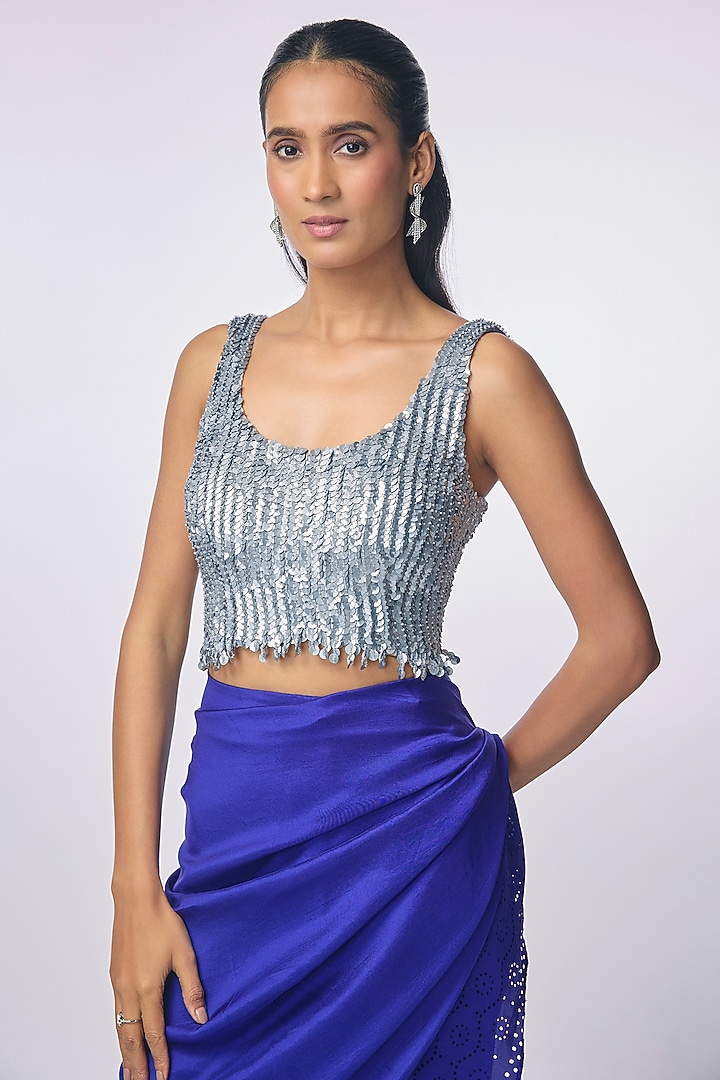 Electric Blue Silk Cutwork Godet Pre-Draped Wedding Saree by 431-88 By Shweta Kapur at Pernia's Pop Up Shop