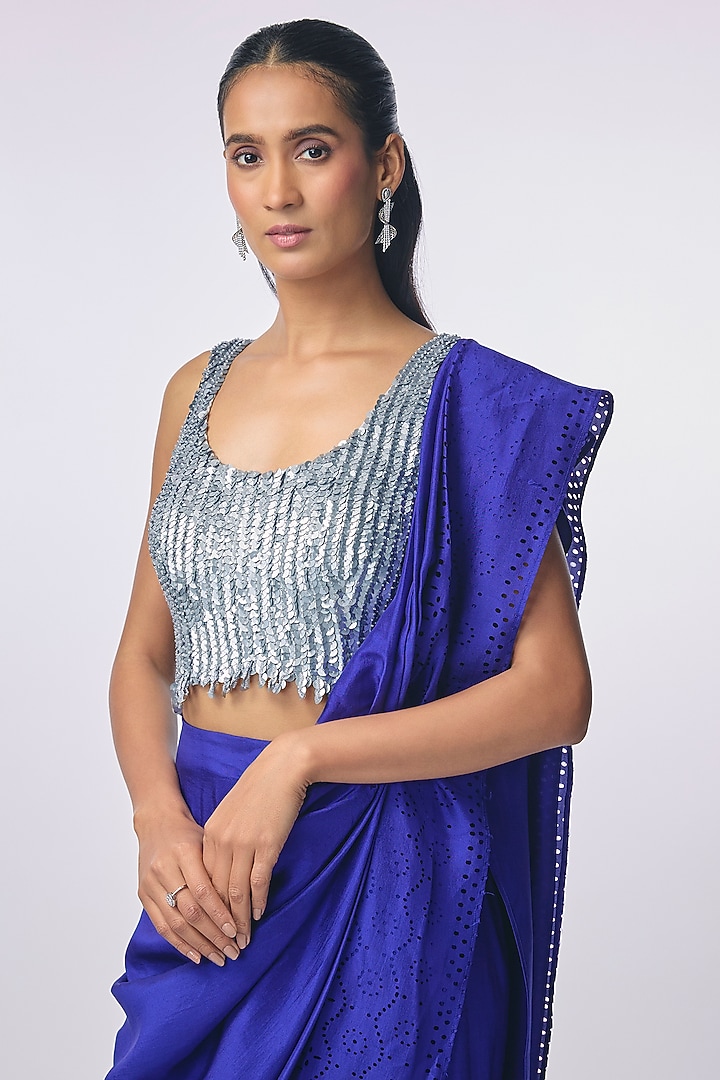 Electric Blue Silk Cutwork Godet Pre-Draped Wedding Saree by 431-88 By Shweta Kapur at Pernia's Pop Up Shop