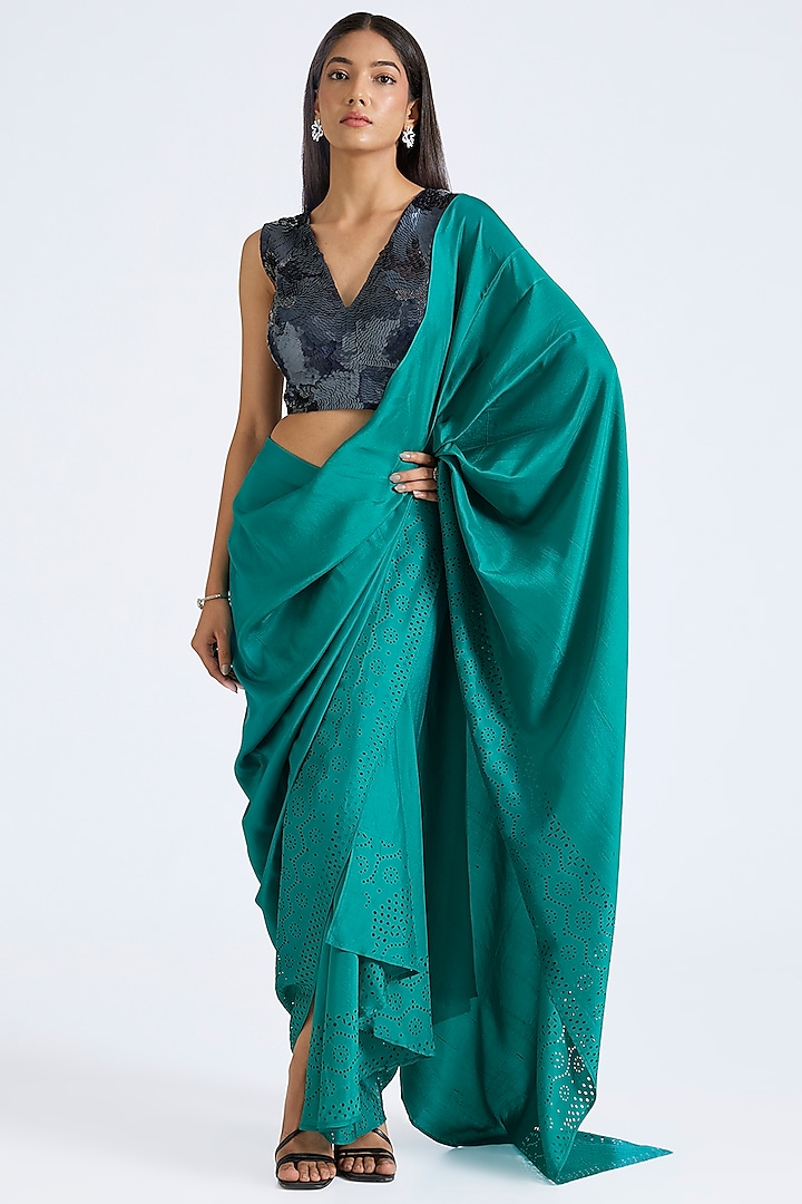 Emerald Green Silk Pre-Draped Wedding Saree by 431-88 By Shweta Kapur at Pernia's Pop Up Shop