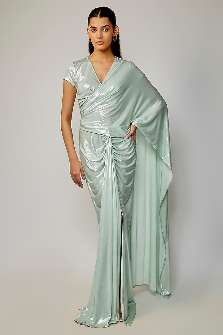 Mint Liquid Jersey Wedding Saree by 431-88 By Shweta Kapur at Pernia's Pop Up Shop