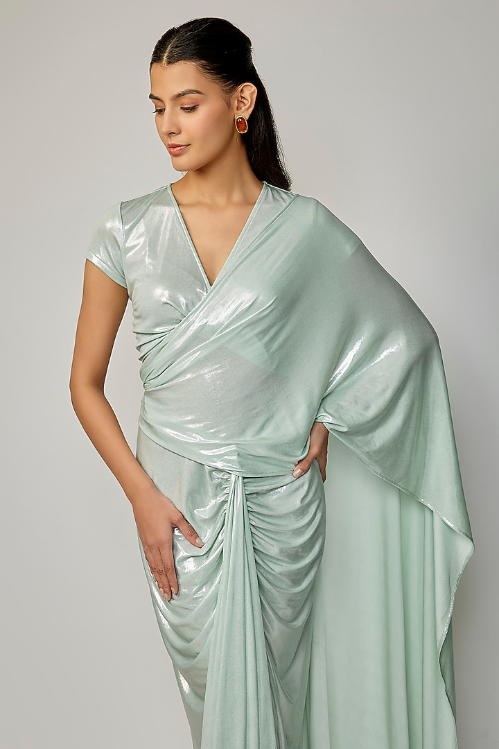 Mint Liquid Jersey Wedding Saree by 431-88 By Shweta Kapur at Pernia's Pop Up Shop