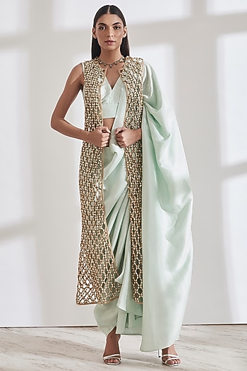 Mint Pre-Pleated Bridal Saree with vik vlouse and honey comb jacket by 431-88 By Shweta Kapur at Pernia's Pop Up Shop