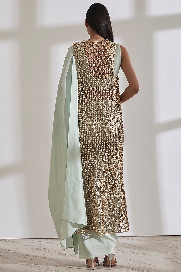 Mint Pre-Pleated Bridal Saree with vik vlouse and honey comb jacket by 431-88 By Shweta Kapur at Pernia's Pop Up Shop