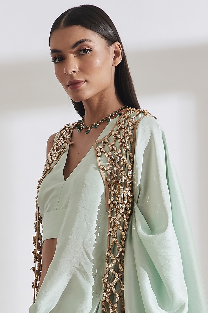 Mint Pre-Pleated Bridal Saree with vik vlouse and honey comb jacket by 431-88 By Shweta Kapur at Pernia's Pop Up Shop