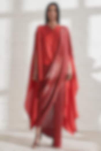 Red Dupion Silk Cape by 431-88 By Shweta Kapur at Pernia's Pop Up Shop