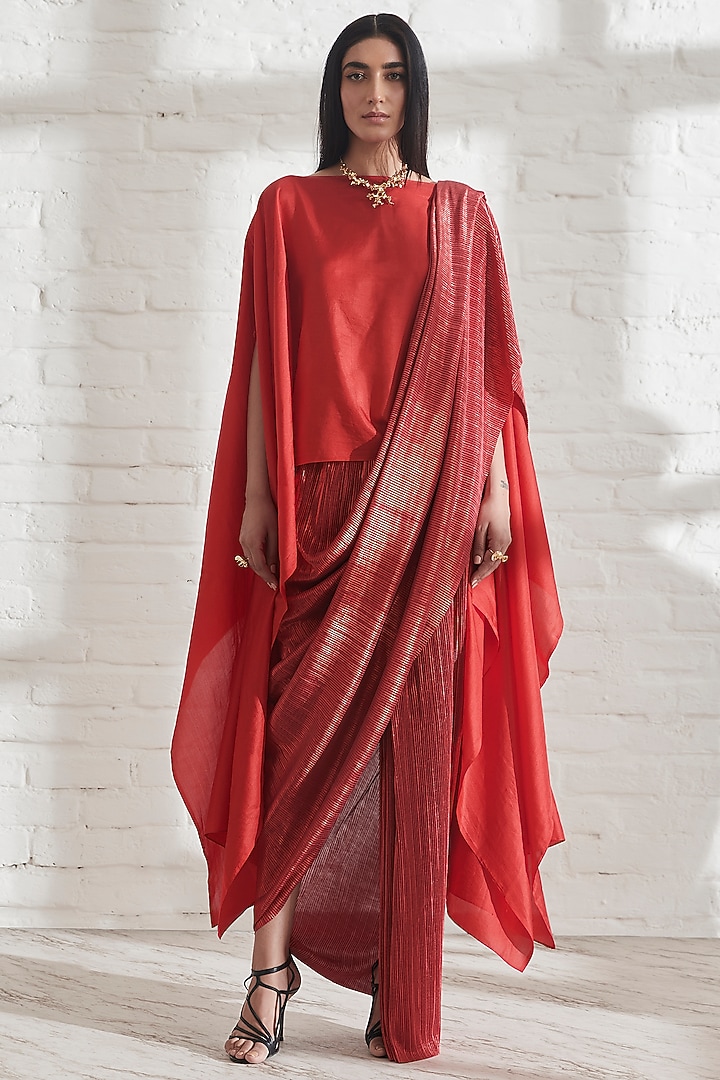 Red Dupion Silk Cape by 431-88 By Shweta Kapur at Pernia's Pop Up Shop
