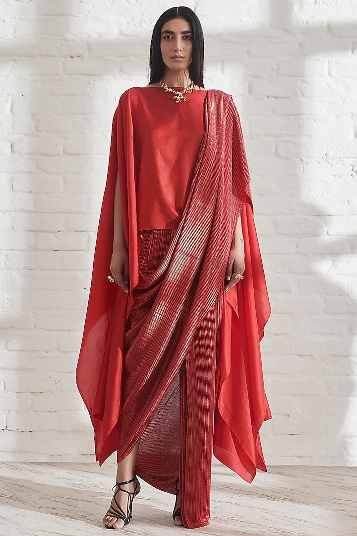 Red Pre-Draped Metallic Wedding Saree with Sk Cape by 431-88 By Shweta Kapur at Pernia's Pop Up Shop