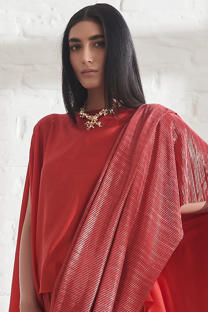 Red Pre-Draped Metallic Wedding Saree with Sk Cape by 431-88 By Shweta Kapur at Pernia's Pop Up Shop