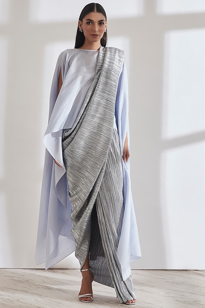 Powder Blue Pre-Draped Metallic Saree by 431-88 By Shweta Kapur at Pernia's Pop Up Shop