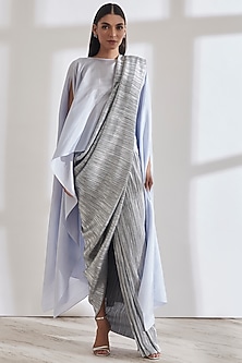 Powder Blue Pre-Draped Metallic Saree by 431-88 By Shweta Kapur-METALLICS