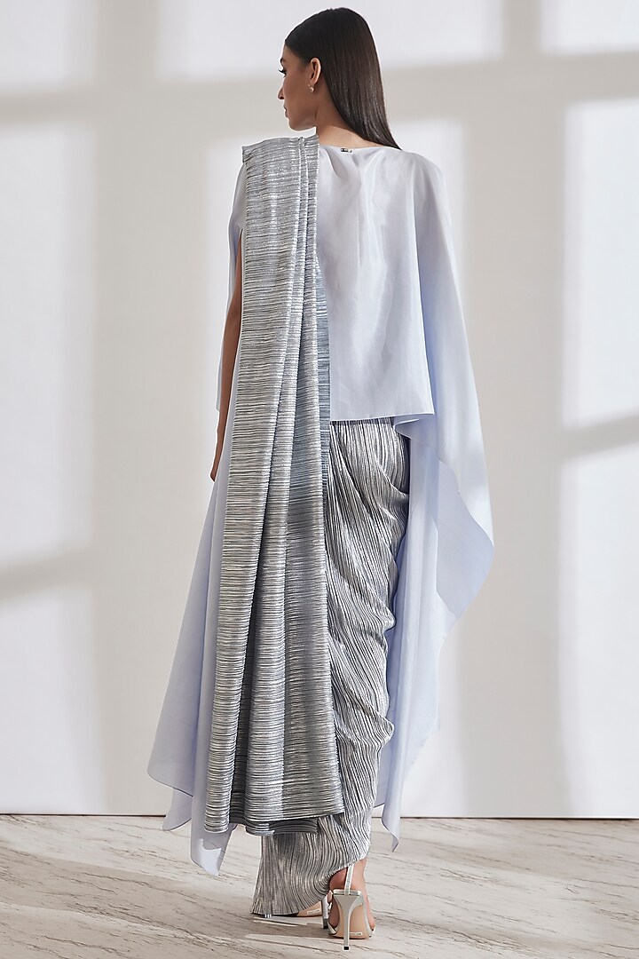 Powder Blue Pre-Draped Metallic Wedding Saree by 431-88 By Shweta Kapur at Pernia's Pop Up Shop