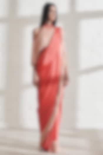 Blush Pink Pre-Pleated Wedding Saree with halter fringe top by 431-88 By Shweta Kapur at Pernia's Pop Up Shop