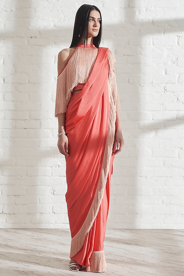 Blush Pink Pre-Pleated Wedding Saree with halter fringe top by 431-88 By Shweta Kapur at Pernia's Pop Up Shop