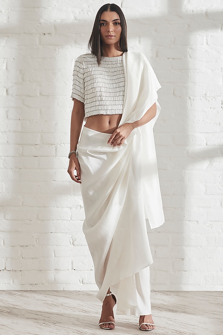 White Dupion Silk Pre-Pleated Reception Saree by 431-88 By Shweta Kapur at Pernia's Pop Up Shop