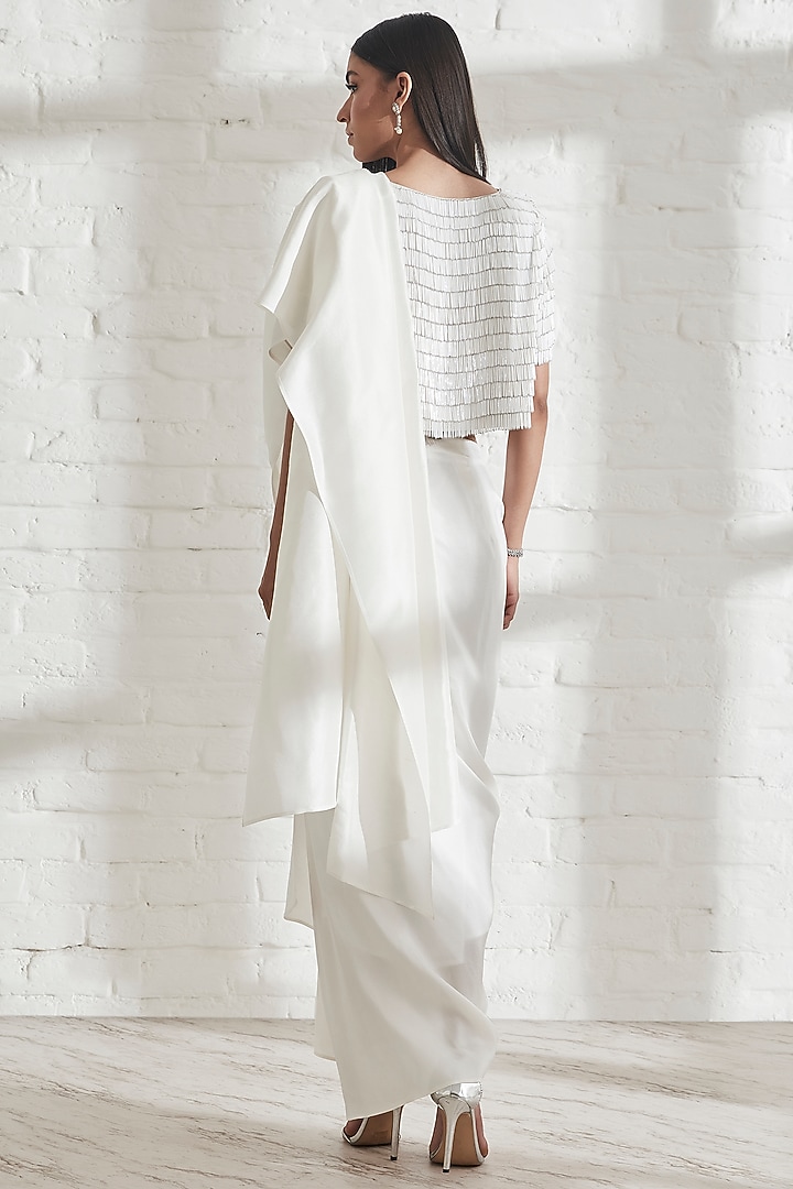 White Dupion Silk Pre-Pleated Reception Saree by 431-88 By Shweta Kapur at Pernia's Pop Up Shop