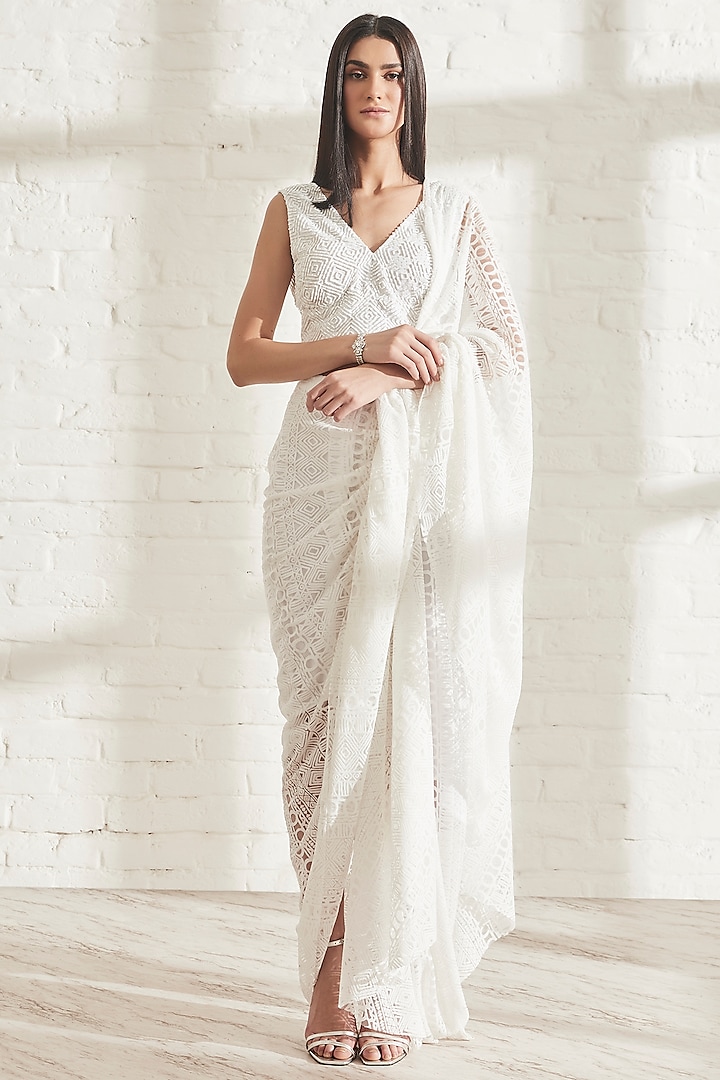 White Net Jacquard Pre-Pleated Saree by 431-88 By Shweta Kapur