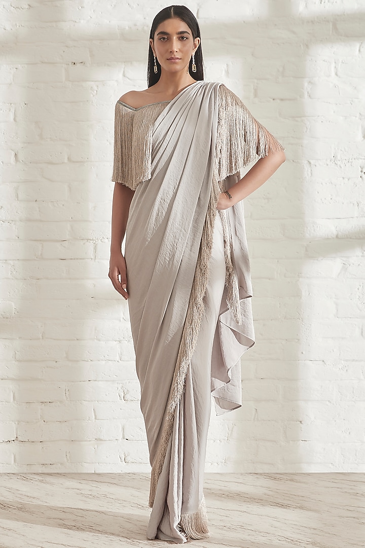 Grey Pre-Pleated Party Wear Saree With Grey Off-Shoulder Fringe Top by 431-88 By Shweta Kapur at Pernia's Pop Up Shop