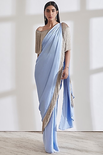 Ice Blue Pre-Pleated Wedding Saree With Grey Off-Shoulder Fringe Top by 431-88 By Shweta Kapur at Pernia's Pop Up Shop