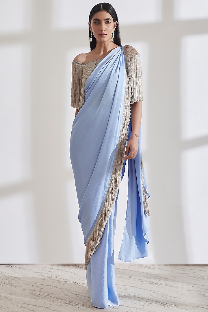Ice Blue Pre-Pleated Saree With Grey Off-Shoulder Fringe Top by 431-88 By Shweta Kapur