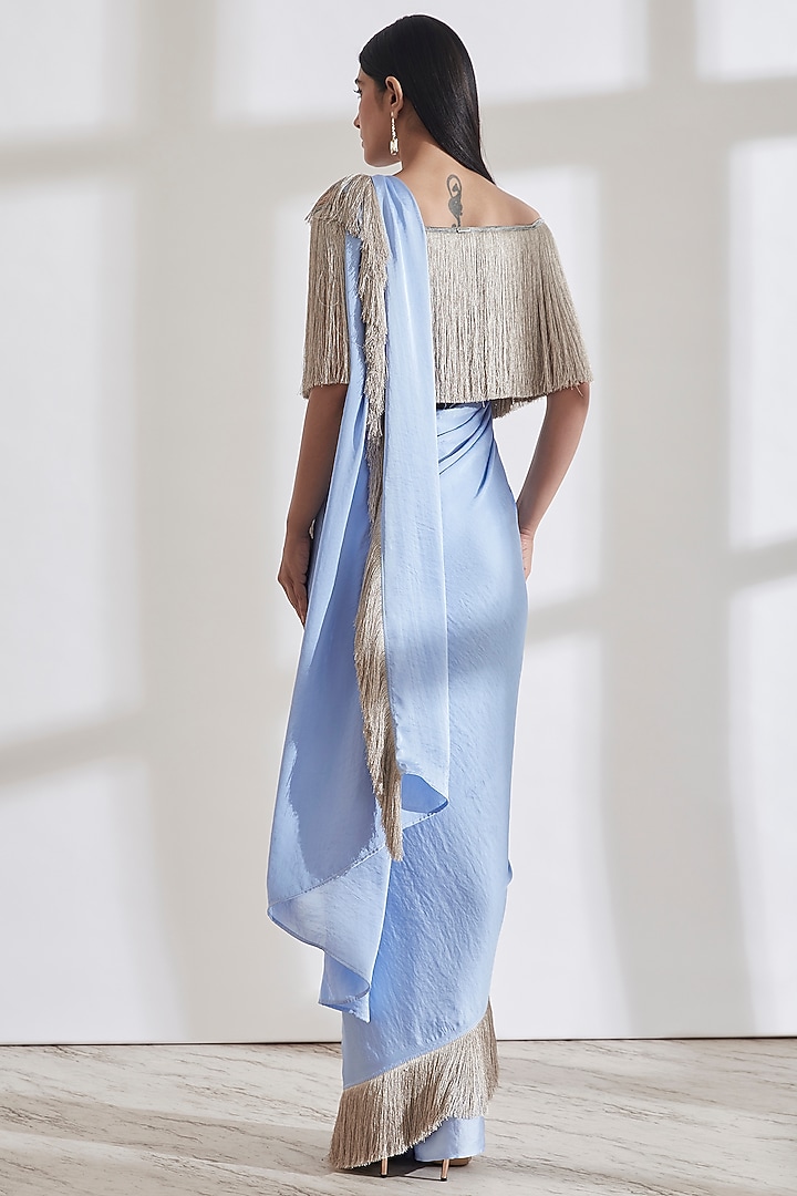 Ice Blue Pre-Pleated Wedding Saree With Grey Off-Shoulder Fringe Top by 431-88 By Shweta Kapur at Pernia's Pop Up Shop