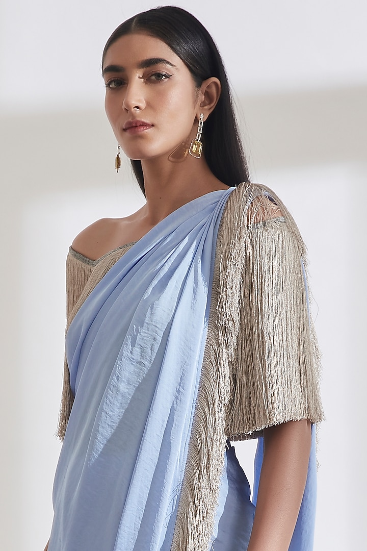 Ice Blue Pre-Pleated Wedding Saree With Grey Off-Shoulder Fringe Top by 431-88 By Shweta Kapur at Pernia's Pop Up Shop