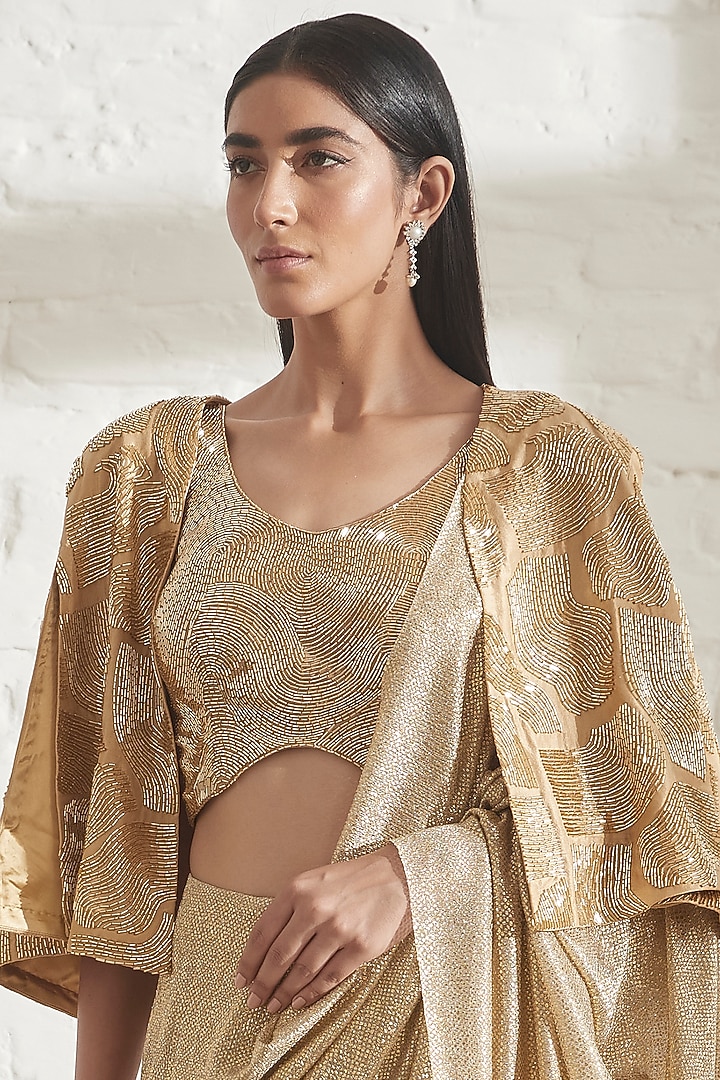Gold Hand Embroidered Wave Cape by 431-88 By Shweta Kapur at Pernia's Pop Up Shop
