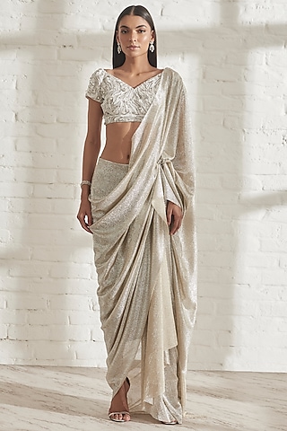 White Dupion Silk Crystal Work Blouse by 431-88 By Shweta Kapur