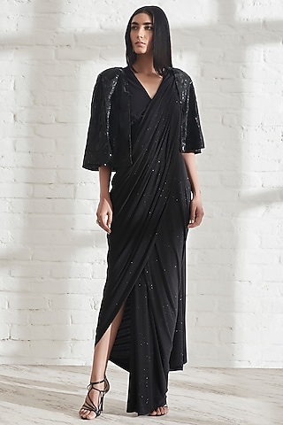 Black Dupion Wave Cape by 431-88 By Shweta Kapur