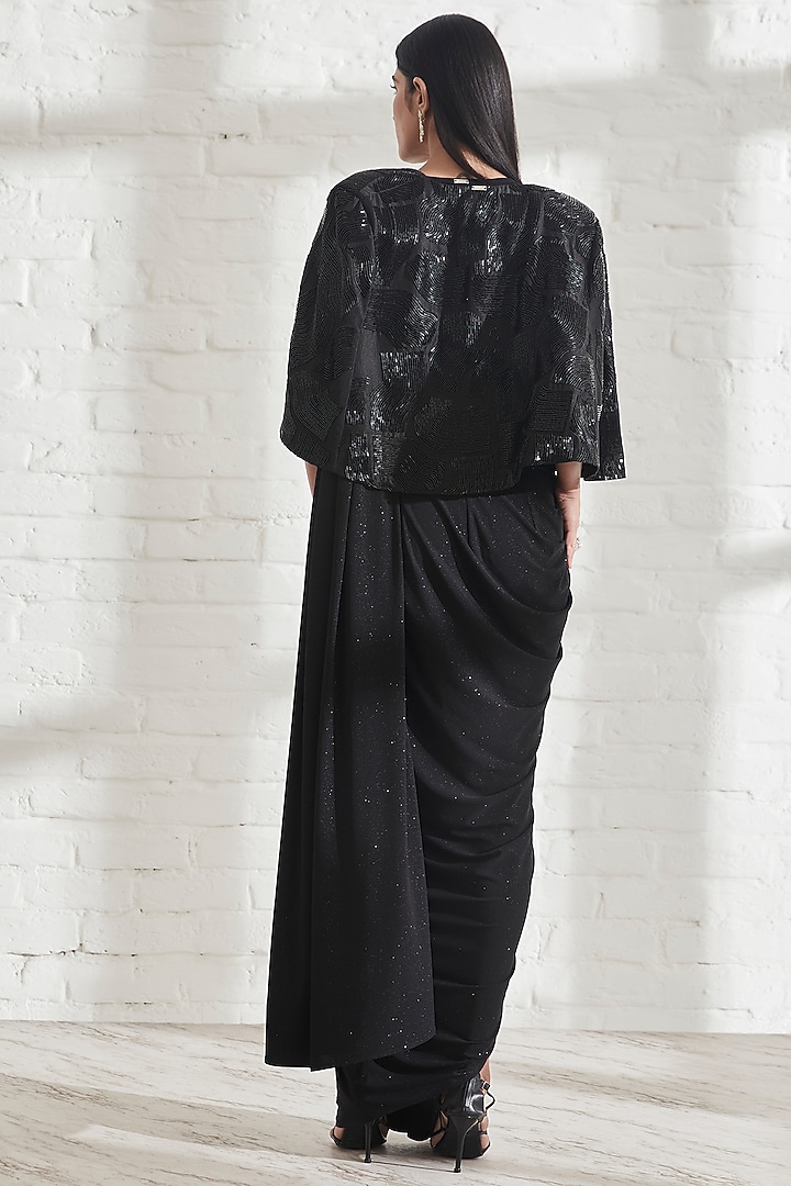 Black Dupion Wave Cape by 431-88 By Shweta Kapur at Pernia's Pop Up Shop