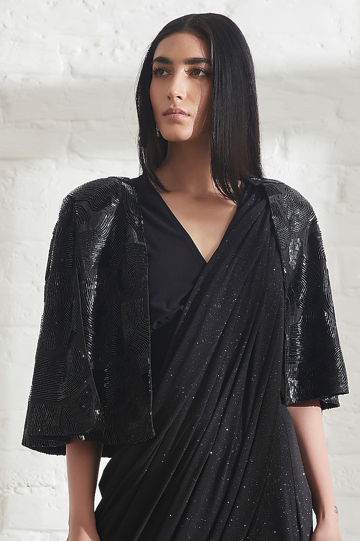 Black Dupion Wave Cape by 431-88 By Shweta Kapur at Pernia's Pop Up Shop