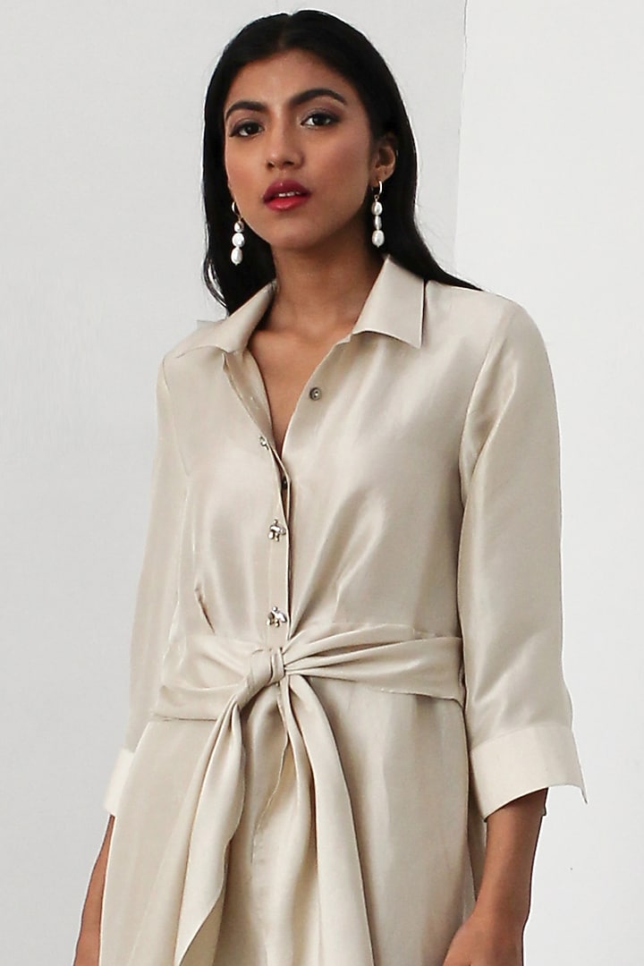 Champagne Dupion Silk Kurta knot Set by 431-88 By Shweta Kapur at Pernia's Pop Up Shop