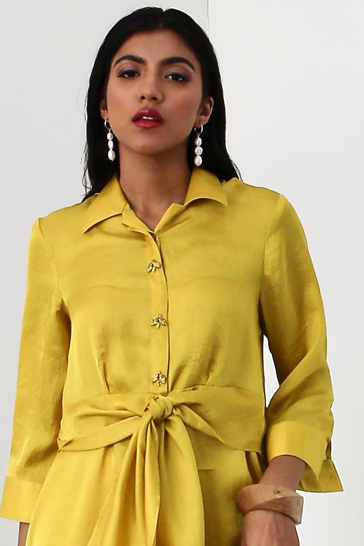 Lemon Silk Knot Kurta Set by 431-88 By Shweta Kapur at Pernia's Pop Up Shop