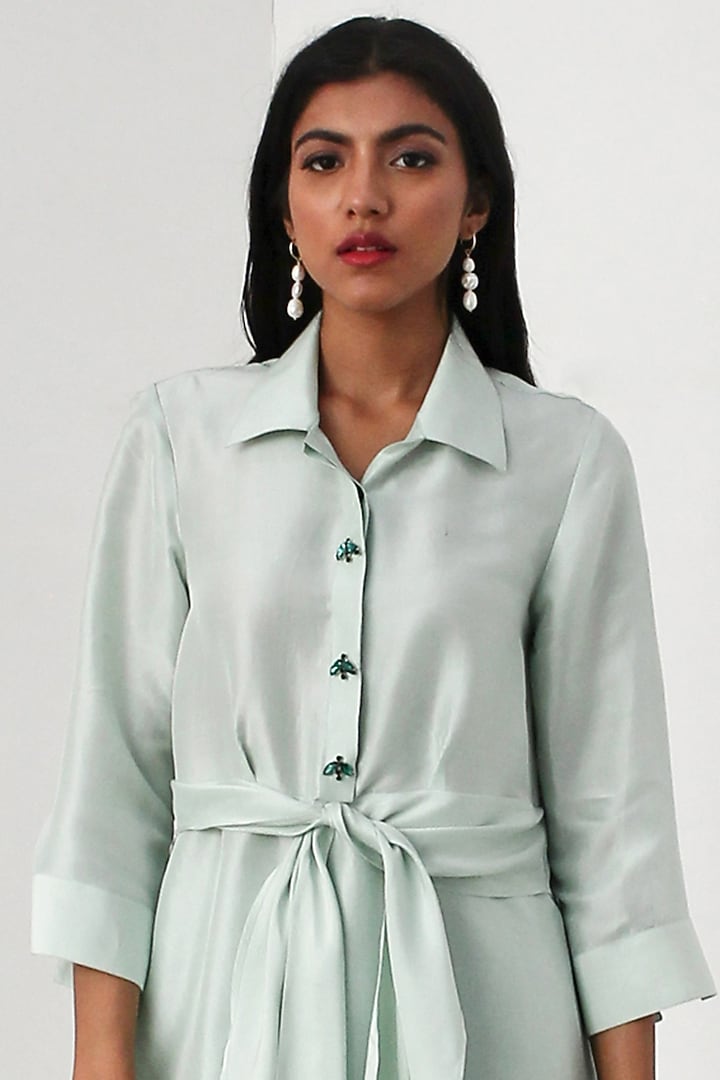 Mint Dupion Silk Knot Kurta Set by 431-88 By Shweta Kapur at Pernia's Pop Up Shop