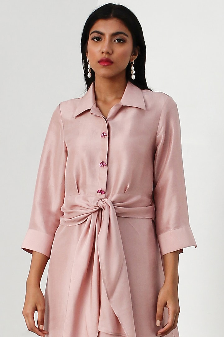 Baby Pink Dupion Silk knot Kurta Set by 431-88 By Shweta Kapur at Pernia's Pop Up Shop