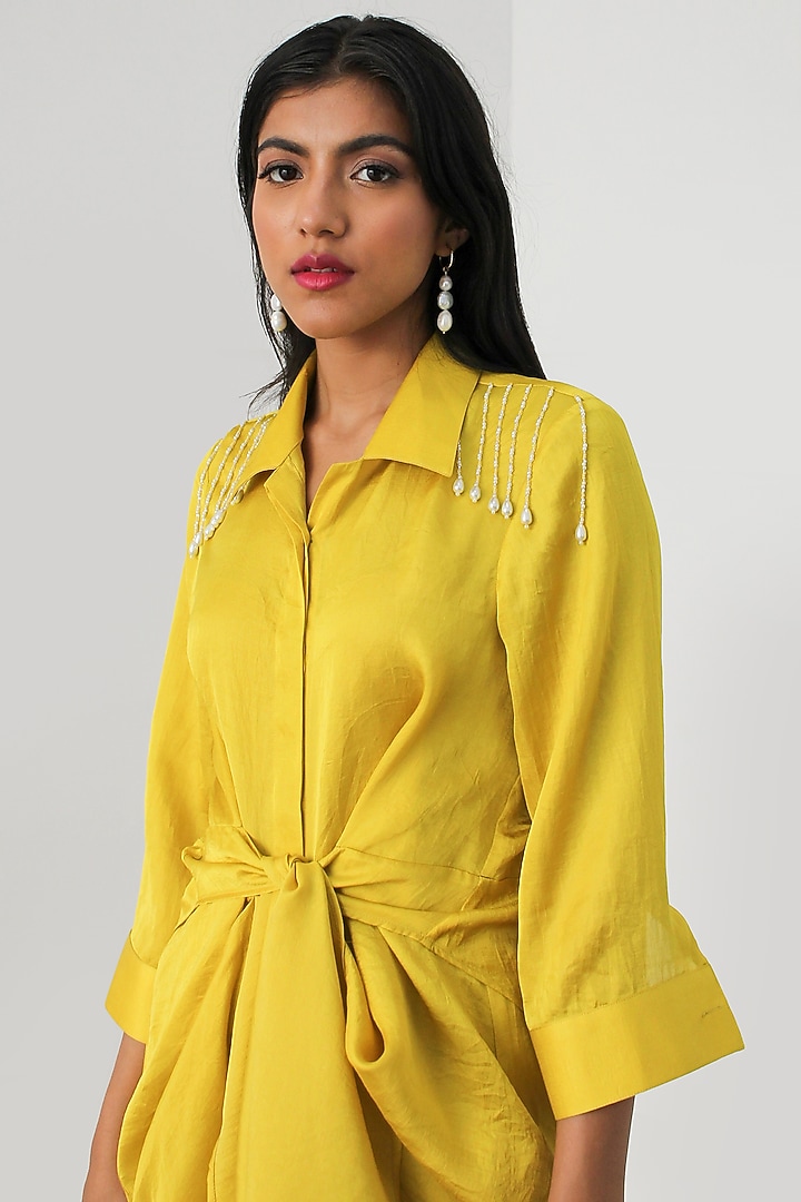 Lemon Hand Embroidered Knot Kurta Set by 431-88 By Shweta Kapur at Pernia's Pop Up Shop