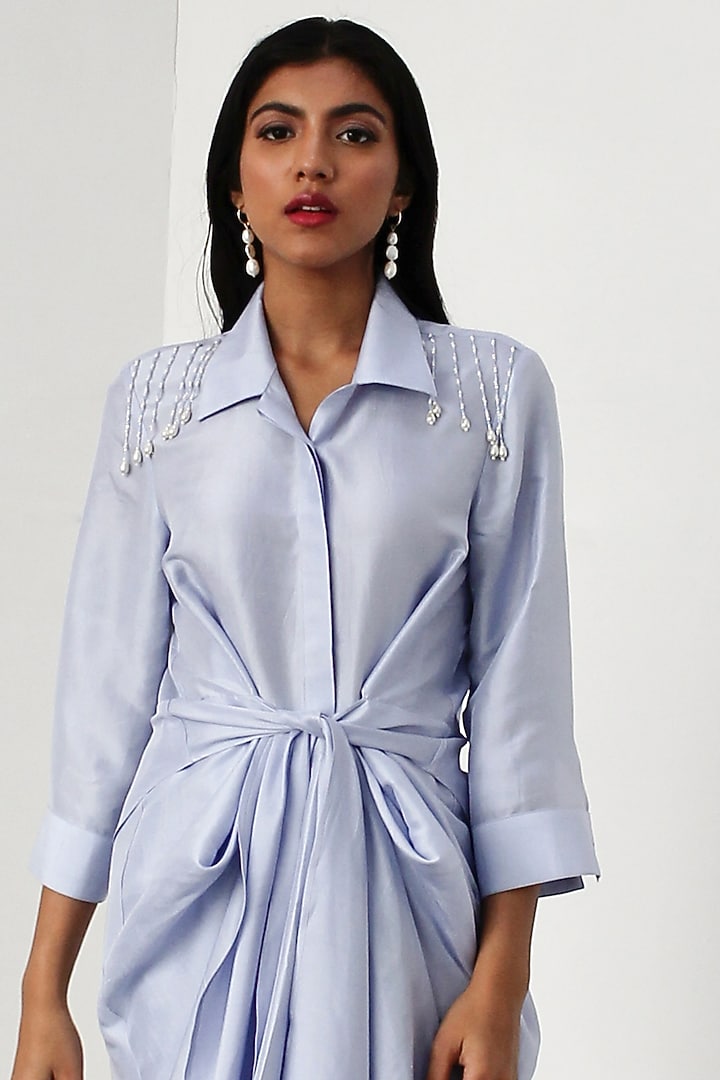 Ice Blue Hand Embroidered  Knot Kurta Set by 431-88 By Shweta Kapur at Pernia's Pop Up Shop