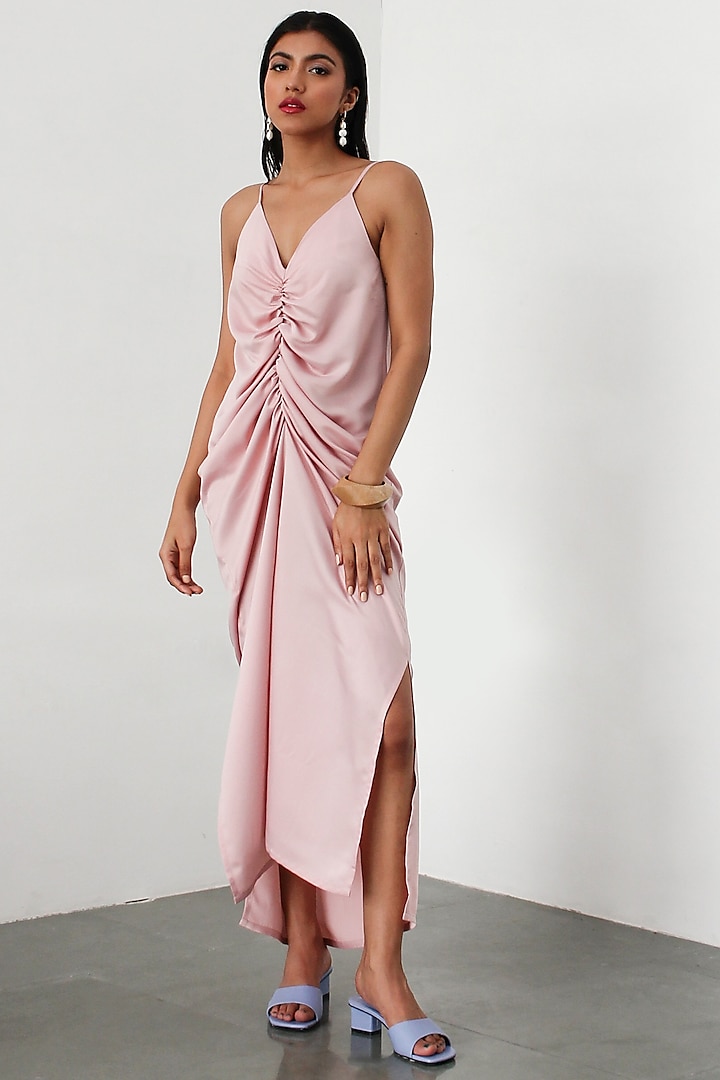 Baby Pink Ruched Slip Dress by 431-88 By Shweta Kapur