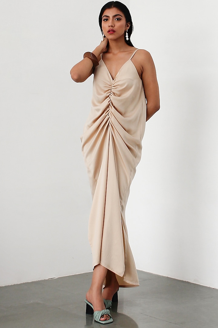 Champagne Ruched Slip Dress by 431-88 By Shweta Kapur