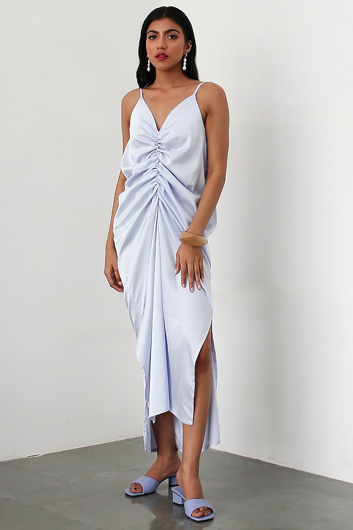 Ice Blue Ruched Slip Dress by 431-88 By Shweta Kapur